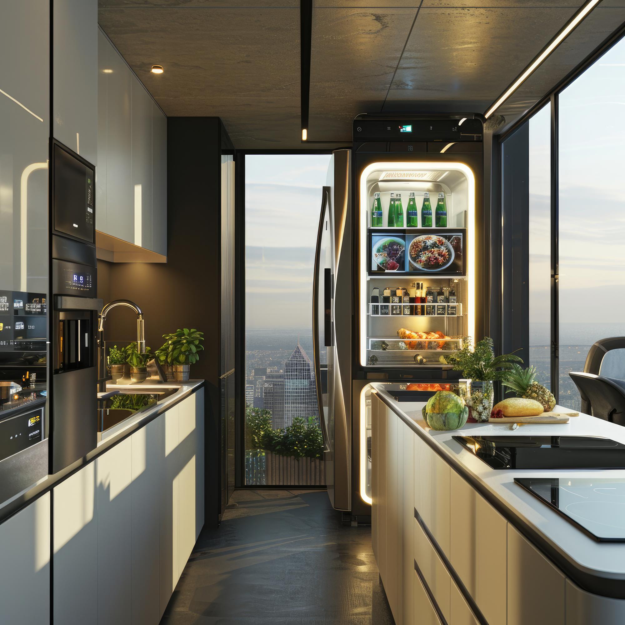 Kitchen with compact design and city view